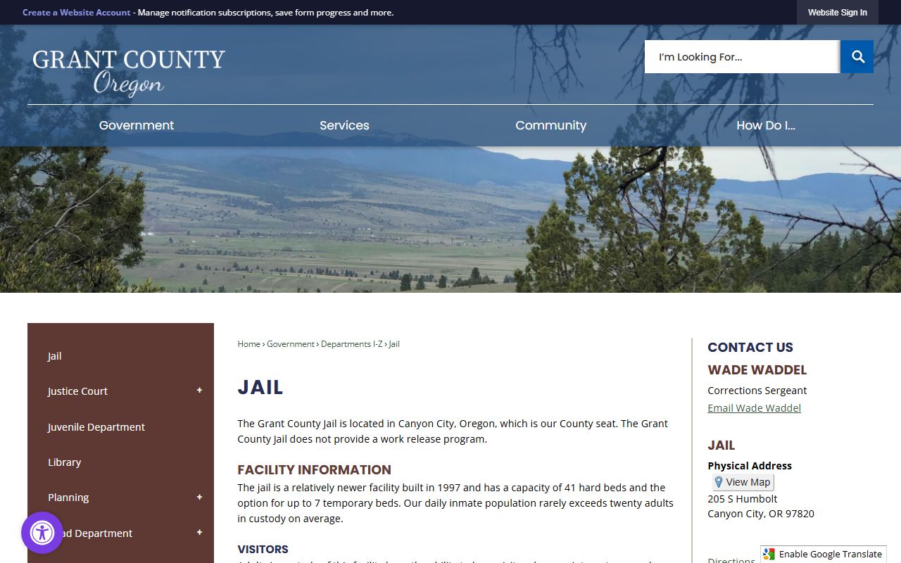 Grant County Jail facility page for Wheeler County inmate custody search