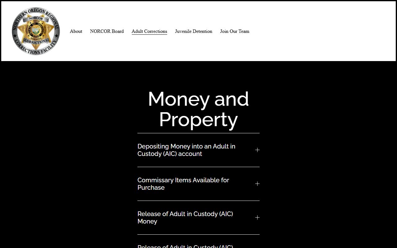 Northern Oregon Regional Corrections Adult Facility money and commissary rules for Wheeler County custody