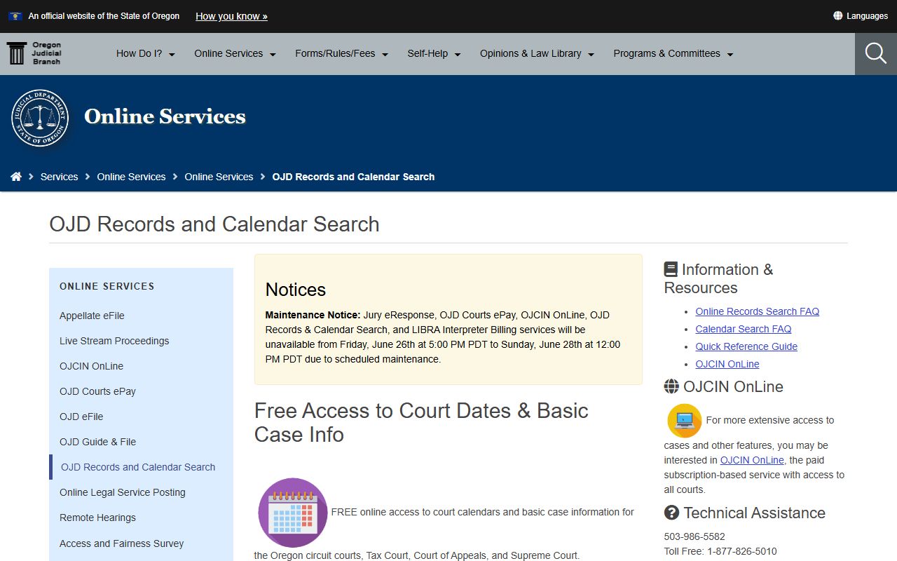 Wheeler County court records after arrest through OJD records and calendar search